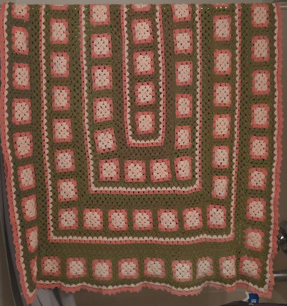 Vintage Crochet Granny Square Pink Green White Afghan Throw Blanket 78"x 52"
